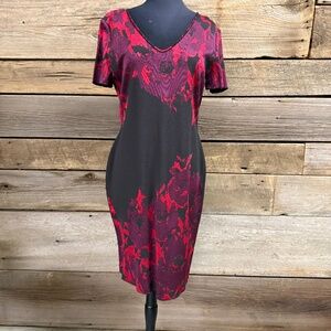 St John black knit dress with red and purple floral design, size 12